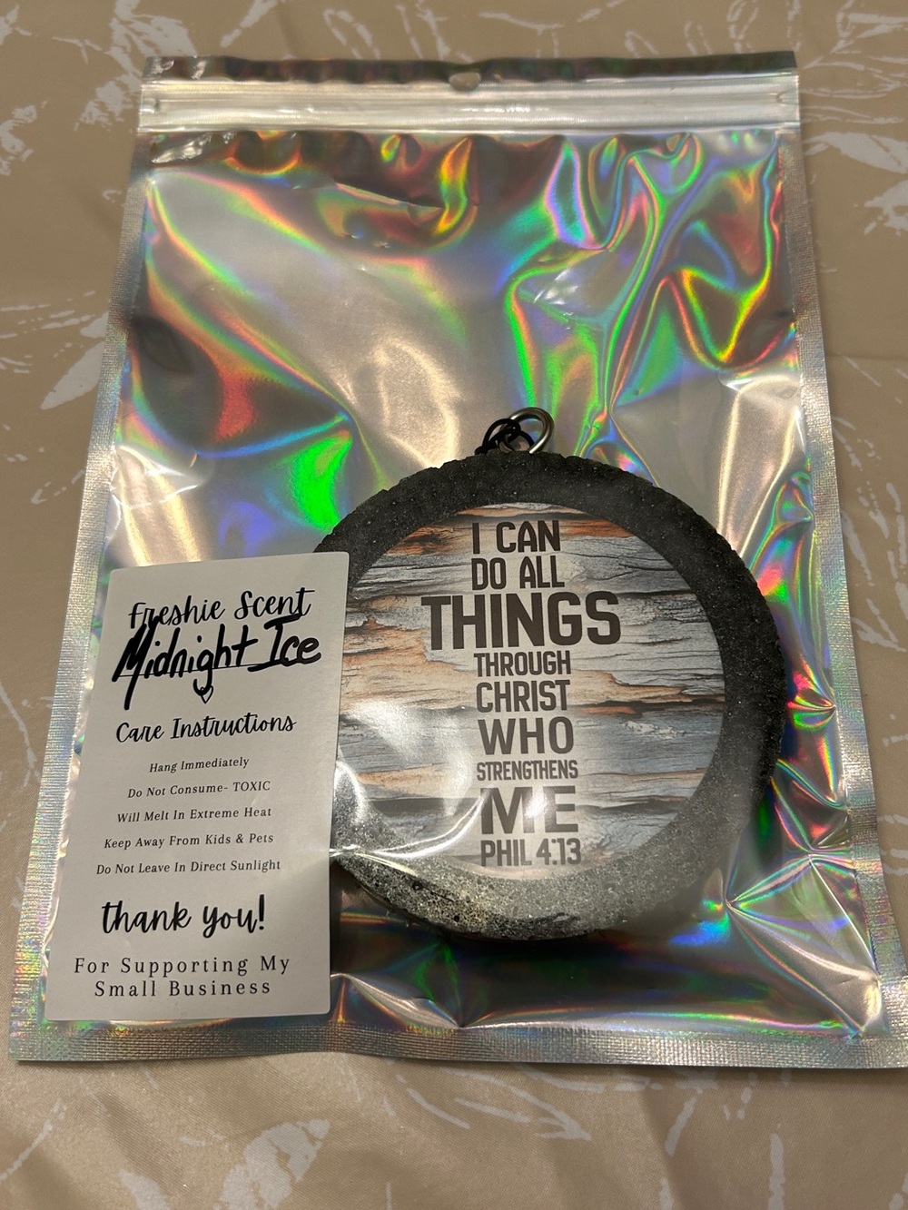 Midnight Ice Black Inspirational Hanging Air Freshener - I Can Do All Things